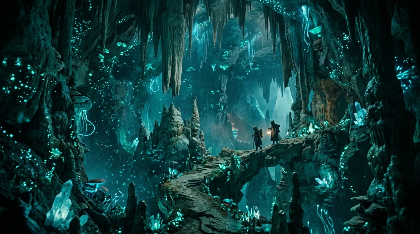 Ambiente subterrâneo do Underdark com formaçőes cristalinas e fungos bioluminescentes