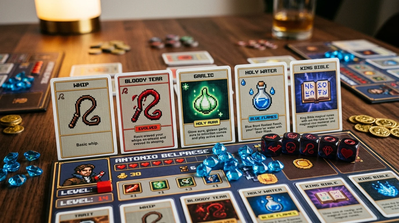 Cartas de armas e evolução de Vampire Survivors: The Board Game