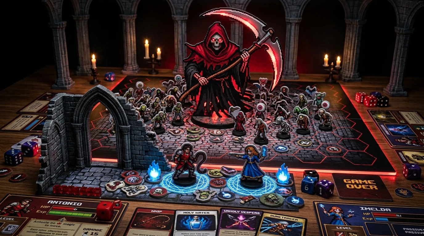 O confronto final com o Ceifador Vermelho (Red Death) em Vampire Survivors The Board Game