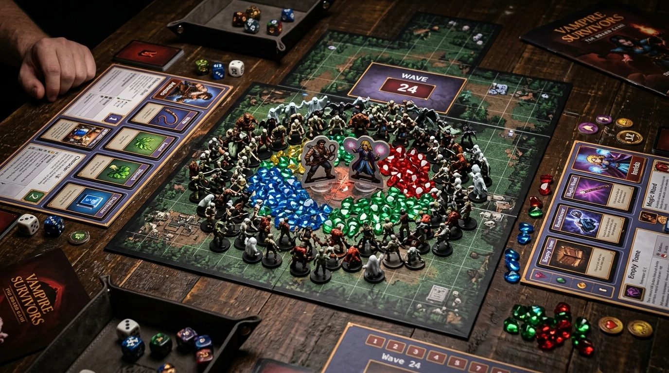 Mesa de Vampire Survivors: The Board Game montada com hordas de monstros e gemas de XP